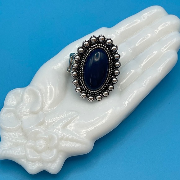 paparazzi Jewelry - Blue Oval Silver Tone Stretch Ring Boho Western Statement Festival Jewelry